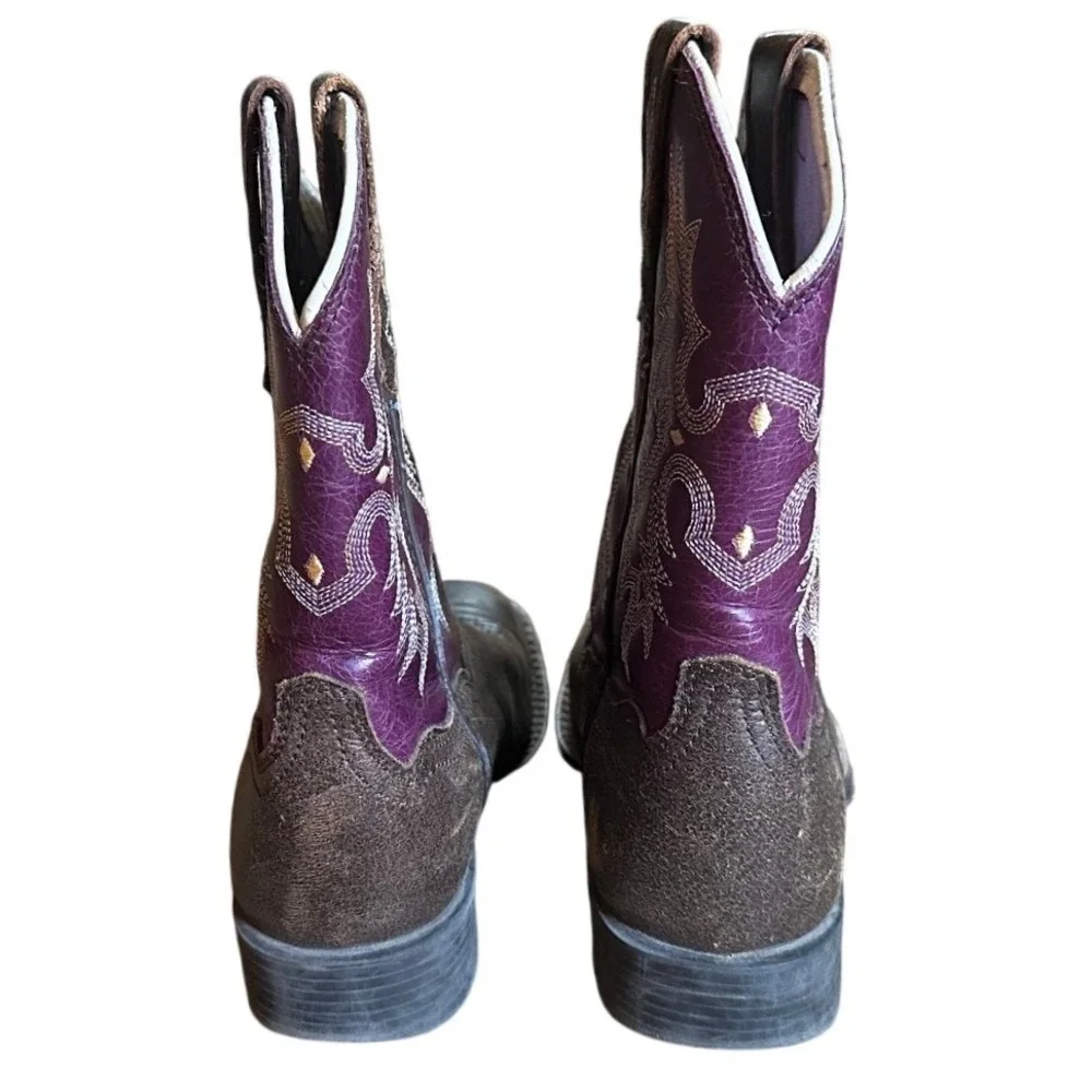 Ariat Brown Purple Leather Square Toe Western Cowboy Boots Kid's  12